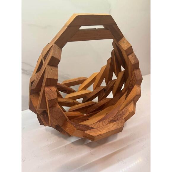 Handcrafted Mid Century Wooden Fruit Display Basket - Picture 3 of 6